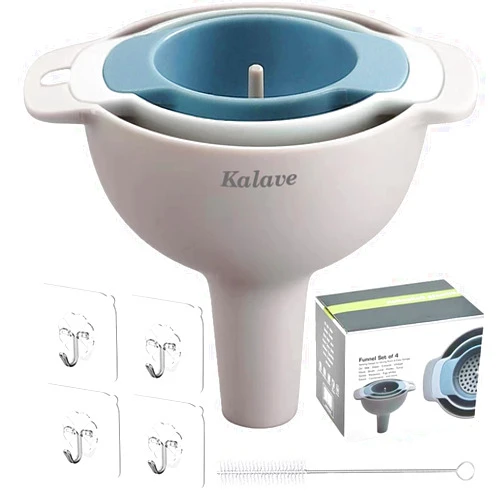 Kalave Set of 4 Funnels for Filling Bottles, BPA-Free - Food Grade Kitchen Funnels with Detachable Strainer Filter, Oil Funnel, Funnels for Kitchen Use, Food Funnel for Liquid, Dry Ingredients and Powder