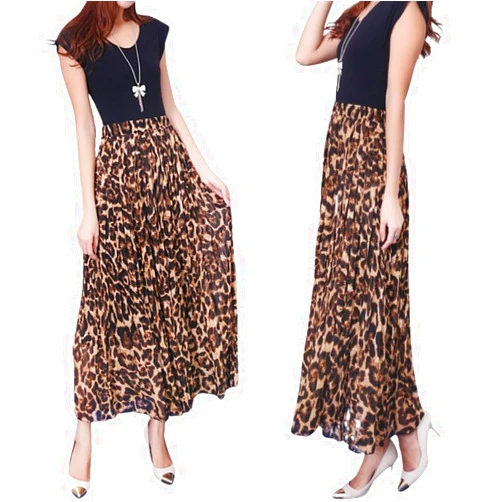 BESTHAVE Women's Maxi Dress, Black Top with Leopard Print Skirt, Sleeveless, Floor Length