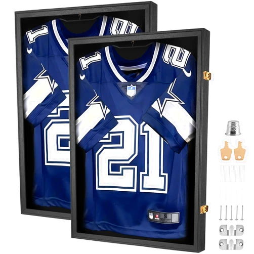 Yaetm Jersey Frame Display Case 2 Pack, Football Jersey Display Frame, Lockable Jersey Shadow Box with 98% UV Protection Acrylic and Hanger for Hockey Soccer Basketball Baseball Shirts, Black