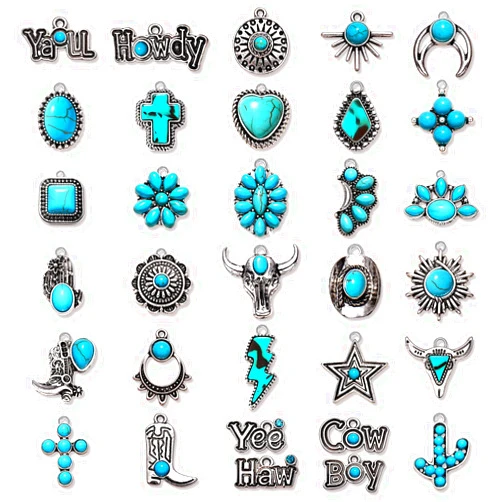 CEALXHENY 30PCS Western Charms for Jewelry Making - Synthetic Turquoise Cowboy Cowgirl Boot Hat Cactus Lightning Pendants for Bracelet Necklace Making DIY Crafts