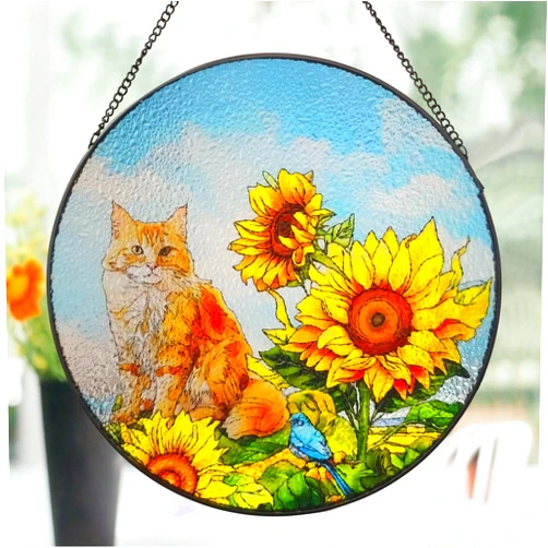 ZUSANG Sunflower Cat Stained Glass Window Hanging, 9.8'' Hand-Painted Tabby Cat Sun Catcher Stained Glass, Cat Memorial Gifts for Cat Lovers, Birthday Gifts for Mom Grandma Teacher