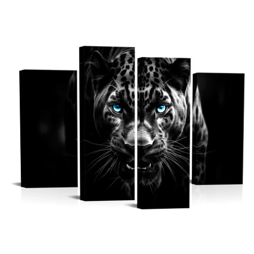 iHAPPYWALL 4 Panel Leopard Canvas Wall Art Black and White Blue Eye Panther Animals Wildlife Pictures for Living Room Home Bedroom Decor Ready to Hang