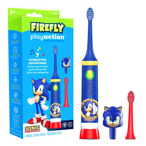 FIREFLY Play Action Sonic The Hedgehog Toothbrush Kit, Interactive Battery Operated Toothbrush with Lights, Music and Games, Batteries Included, Ages 3+