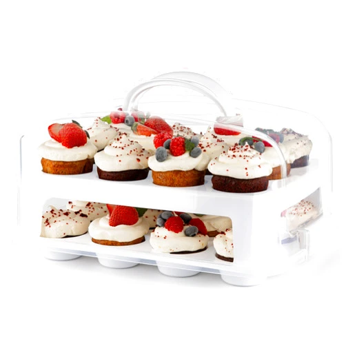 MosJos Cupcake Carrier 24 Count - Sturdy Cupcake Holder with Lid & 2 Handles, Stylish Two-Tier Cupcake Carrier/Stand, Spacious 3.5” Top & Bottom Tray
