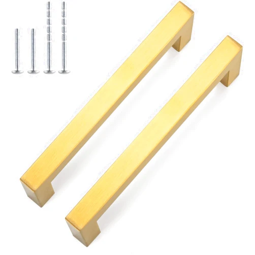 goldenwarm 20 Pack 5 inch Brass Cabinet Handles, Brushed Brass Cabinet Pulls- Gold Cabinet Pulls Square Gold Pulls Brass Cabinet Hardware for Cabinet, 128mm Hole Centers