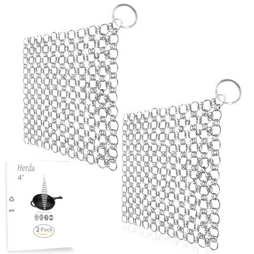 Herda 2Pack Cast Iron Scrubber Stainless Steel Chain Mail Scrubber, Cast Iron Cleaner Chainmail Scrubber for Dutch Oven Carbon Steel Wok Grill Pan, Chain Scrubber Cast Iron Cleaning Tool