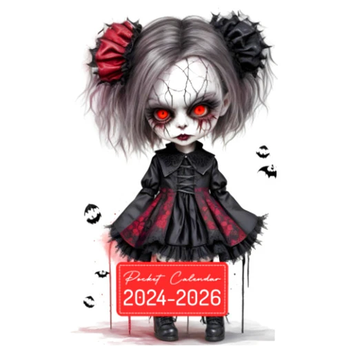 By Zayn Boyle (Author) Pocket Calendar 2024-2026: Two-Year Monthly Planner for Purse , 36 Months from January 2024 to December 2026 | Tim Burton style gothic doll | Female spooky evil possessed | Ripped up black outfit