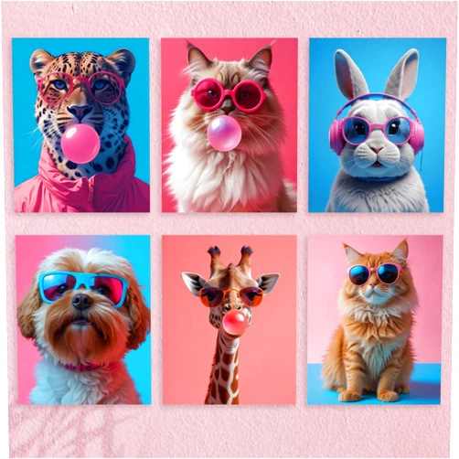 6 PCs Fashion Animal Wall Art Prints Vintage Cat Dog Leopard Giraffe Bunny Decor Wall Decor Colorful Poster Trendy Painting for Bathroom Bedroom Apartment Living Room Corridor Home Decorations, Unframed