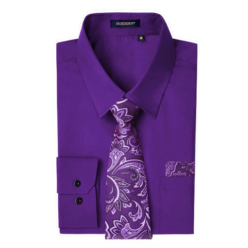 HISDERN Mens Dress Shirt with Tie Pocket Square Set Classic Button Down Shirt Matching Tie Long Sleeve Shirts