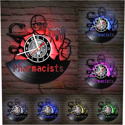 The Geeky Days Pharmacists Vinyl Record Wall Clock with Glowing Illumination for Pharmacy Office Medicine Drugstore Apothecary LED Neon Sign Rx Decor Luminous Wall Clock Glow in Dark Medical Gift