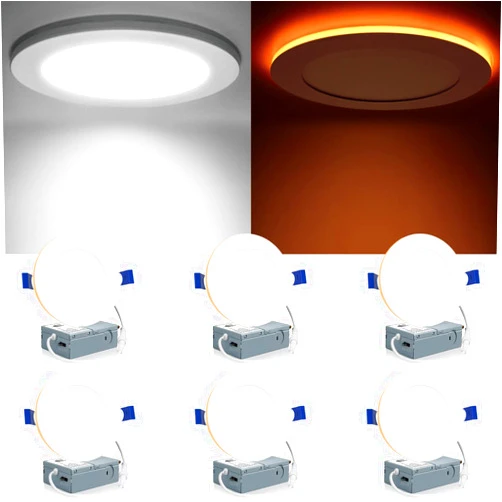 Meconard 6 Pack 4 Inch 5CCT LED Recessed Lighting with Night Light, 2700K/3000K/3500K/4000K/5000K Selectable Ultra-Thin LED Recessed Ceiling Lights, 9W=75W, 750LM, Dimmable Canless Wafer Downlight