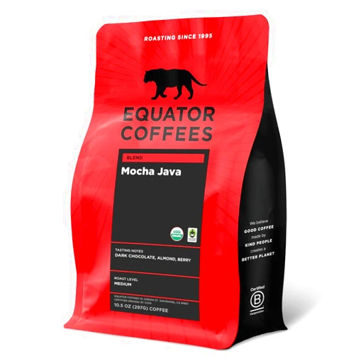 Equator Coffees & Teas Equator Coffees, Mocha Java Blend, Organic Whole Bean Coffee, Medium Dark Roast, Fresh Roasted, Dark Chocolate & Berry Flavor Notes, Sustainable and Fair Trade Certified, 10.5 oz Bag