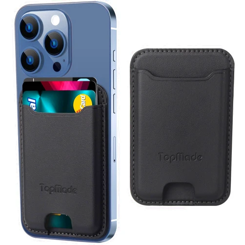 TopMade Phone Card Holder, Premium Leather Phone Wallet Stick on, Stronger 3M Adhesive Credit Card Holder for Back of Phone Case, iPhone, Samsung, and Android, RFID Blocking, Fit 4 Cards, Black