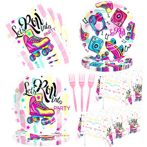 HIPVVILD Roller Skate Birthday Party Supplies - Roller Skating Party Decorations Tableware, Plate, Napkin, Tablecloth, Fork, Roller Skater Let's Roll Birthday Party Decorations Dinnerware | Serve 24