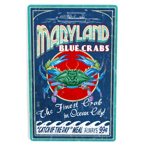 Lantern Press 12x18 Inch Metal Sign, Ocean City, Maryland, Blue Crabs Vintage Sign