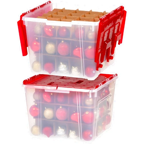 IRIS USA Ornament Storage Box with Attached Lid, Stores 75 Ornaments per Bin, 2-Pack, Stackable Durable Christmas Storage Organization Container Bin for Holiday Decorations and Accessories, Clear/Red