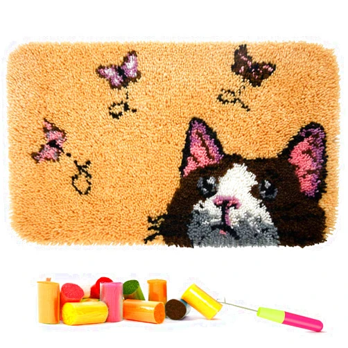 clubevy Tapestry Kits Latch Hook Rug Kits Carpet Embroidery Needlework Button Package DIY Rugs Cross Stitch Kit,Cat Butterfly