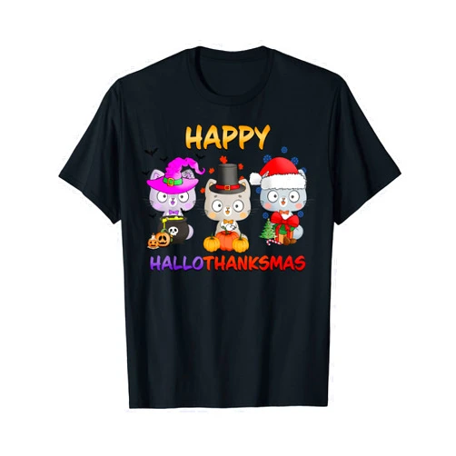 Happy Hallothanksmas Cat Halloween Christmas Happy Hallothanksmas Thanksgiving T-Shirt