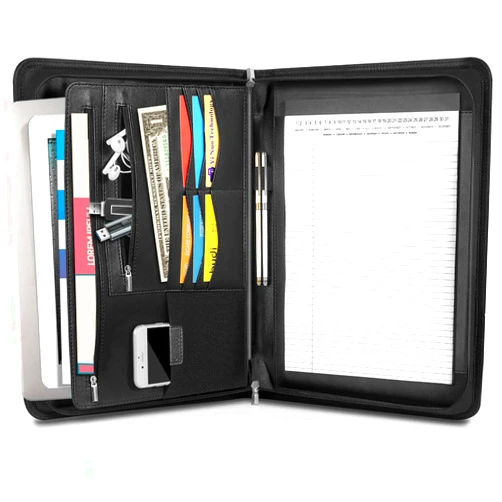 SIMBOOM Zippered Leather Padfolio Organizer, Multifunctional Business Portfolio Folder with Zipper, Card Holders Pockets, Notepad Executive File Document Binder for Women Men (Black)