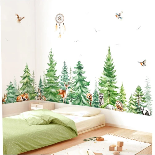 decalmile Large Watercolor Pine Tree Animals Wall Stickers Woodland Forest Tree Fox Deer Bear Wall Decals Baby Nursery Bedroom Living Room Wall Decor