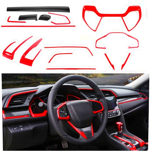 BOYUER 15PCS Civic Interior Full Accessories Center Console Gear Box Cover Trim Decoration Stickers for 10th Gen Honda Civic 2021 2020 2019 2018 2017 2016(RED)