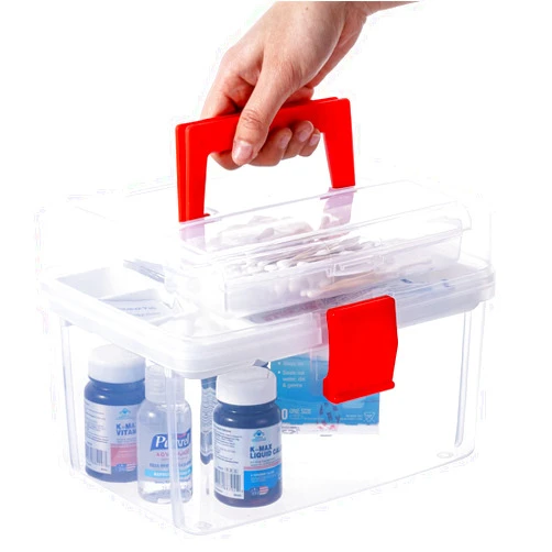 MyGift 10 Inch Premium Clear First Aid Bin with Detachable Tray and Quick Access Top Lid Flap, Portable Emergency Kit, Medical Supply Travel Tote, Medicine Storage Box Container (Red)