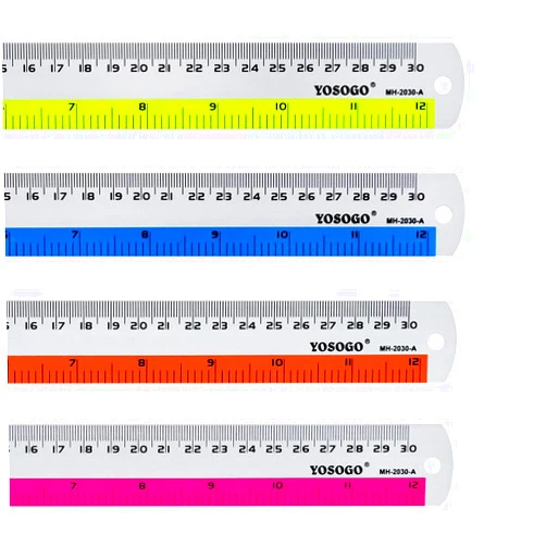 Yosogo 12 Inch / 30 cm Assorted Color Aluminum Ruler in Inch and CM Scale with Hanging Hole | Pack of 6