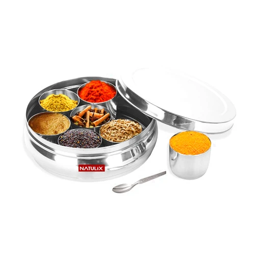 NATULIX ® Stainless Steel Belly Shape Spice Box | Masala Dabba | Masala Box for Kitchen with 7 Belly Shape Containers with Spoon | Silver (2.5 Ltr Large 13, 22cm)