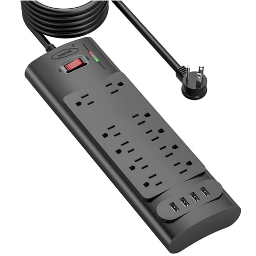 Bototek Power Strip, Bototek Surge Protector with 10 AC Outlets and 4 USB Ports,1875W/15A, 2100 Joules, 10 Feet Flat Plug Long Extension Cord for Home, Office, Dorm Essentials, 2100 Joules, ETL Listed- Black