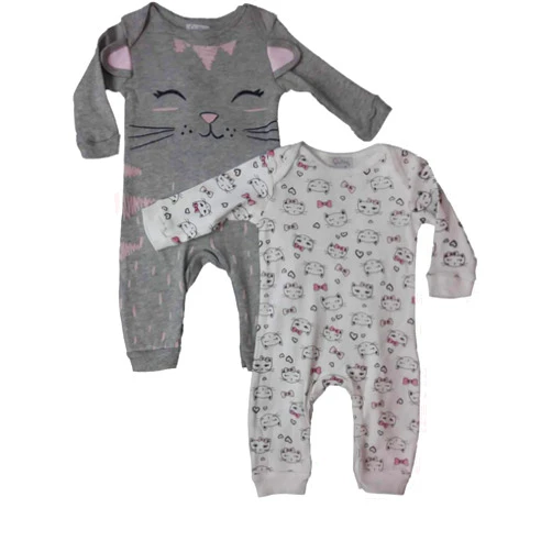 Quiltex Infant Girls Gray Kitty Cat Kitten Heart Bow Sleeper 2-PC Coveralls Outfit