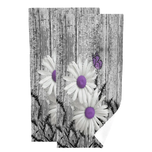 YOCIBIUT Rustic Floral Hand Towels for Bathroom Set of 2,Absorbent White Purple Daisy Flower Butterfly Gray Barn Farmhouse Kitchen Towels 14