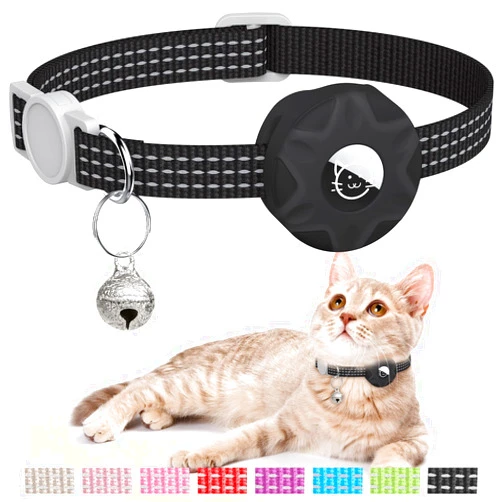 Hoeraonr AirTag Cat Collar, Reflective Kitten Collar Breakaway Apple Air Tag Cat Collar, GPS Cat Collar with AirTag Holder and Bell, Lightweight Tracker Cat Collars for Girl Boy Cats Kittens Puppies(Black)