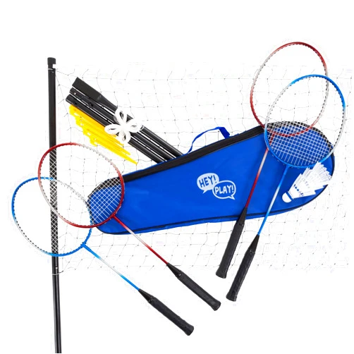 Hey! Play! Badminton Set Complete Outdoor Yard Game with 4 Racquets, Net with Poles, 3 Shuttlecocks and Carrying Case for Kids and Adults, Multi-Player