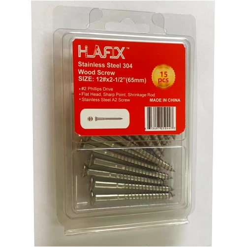 HLAFIX Fastener 12#x2-1/2(65mm) Stainless Steel Screw 15pcs in Blister Package, A2, Self-Typing, Shrinkage Rod, Flat Head 2# Phillips Sharp Point Wood Screw