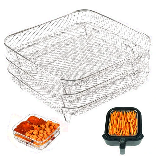 BYKITCHEN 8 inch Square Air Fryer Rack, Set of 3, Stackable Multi-Layer Stainless Steel Dehydrator Rack, Square Air Fryer Accessories for Cosori, Instant Vortex, Nuwave Air Fryer, Ninja Foodi Grill