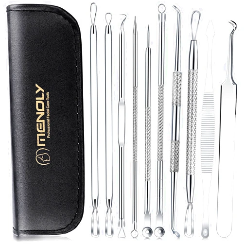 MENOLY Pimple Popper Tool Kit 10 Pcs, Pimple Blackhead Remover Tool Zit Popper for Blemish, Pimple Comedone Extractor Acne Tool for Blackheads, Acnes, Whiteheads Nose Face Tools with Leather Bag