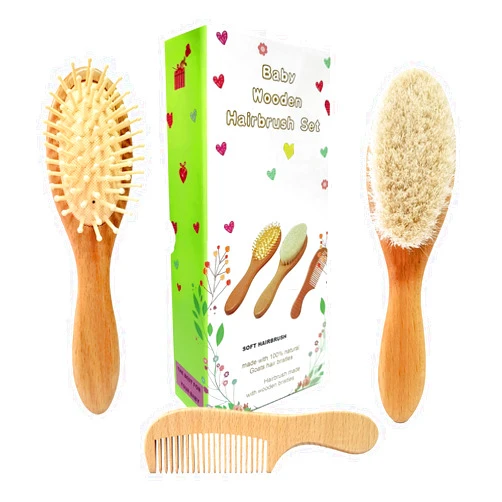 Molylove 3 Piece Baby Hair Brush and Comb Set for Newborn & Toddlers- Natural Wooden Hairbrush with Soft Goat Bristles for Cradle Cap - Perfect Scalp Grooming Product for Infant, Toddler, Kids, Baby