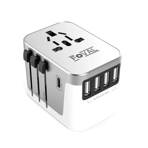 FOVAL Universal Travel Adapter, Foval Type C International Travel Power Adapter, Travel Adapter Worldwide All in One Wall Charger AC Power Plug Adapter Type-C USB US/EU/UK/AU 110V~230V(White & Silver)