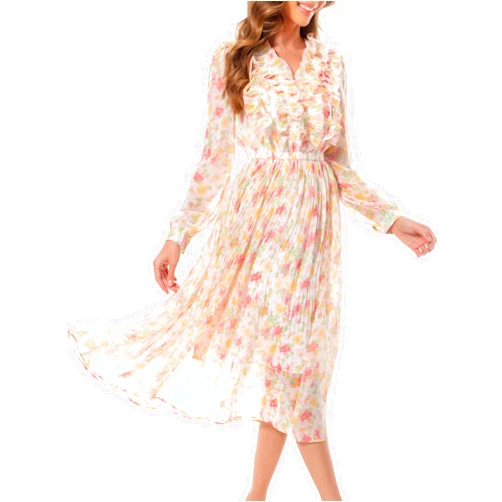 Shineflow Women Floral Print V Neck Long Sleeves Ruffles Pleated Chiffon Flowy Swing Midi Dress