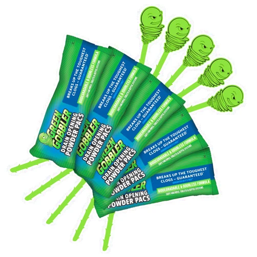 Green Gobbler Drain Clog Remover Powder PAC'S | 5 Drain Opening Pacs & 5 Hair Drain Snake Tools | Best Drain Cleaner and Clog Remover