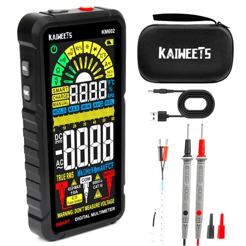 KAIWEETS Smart Multimeter Rechargeable Electrical Tester with Auto Ranging Digital Voltmeter Measures Voltage Current Resistance Continuity Capacitance Temperature Frequency NCV 6000 Counts TRMS