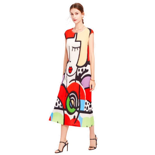 LAI MENG FIVE CATS Women's Elegant Floral Print Sleeveless Round Neck Casual Dress