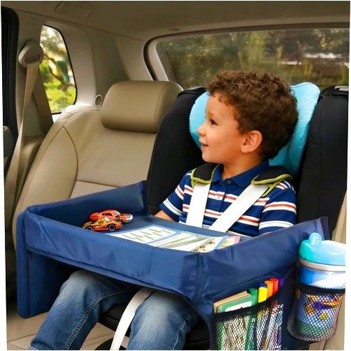 QIYUNI Kids Travel Tray for Car Seat - Toddler Road Trip Essentials with Drawing Kit, Lap Desk Organizer for Car & Airplane