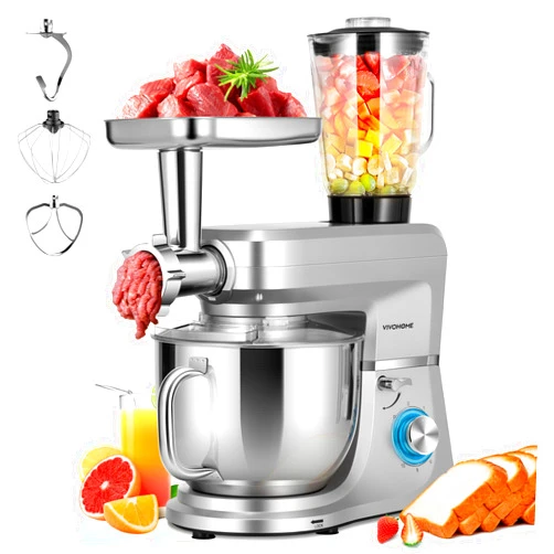 VIVOHOME 6 in 1 Multifunctional Stand Mixer with 8.5 Quart Stainless Steel Bowl, 660W 10 Speed Tilt-Head Meat Grinder, Juice Blender, Vegetable Slicer, Pasta and Cookie Maker, Silver