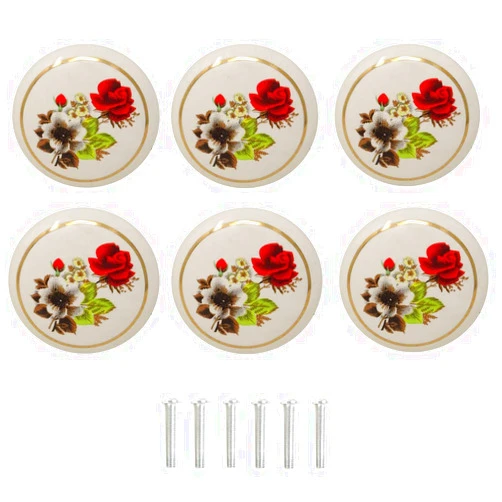 yueton 6Pcs 1-1/2 inch Hand Painted Ceramic Knobs Kitchen Cabinet Retro Vintage Door Drawer Handles Pulls for Dresser Cupboard Wardrobe (Red Rose)