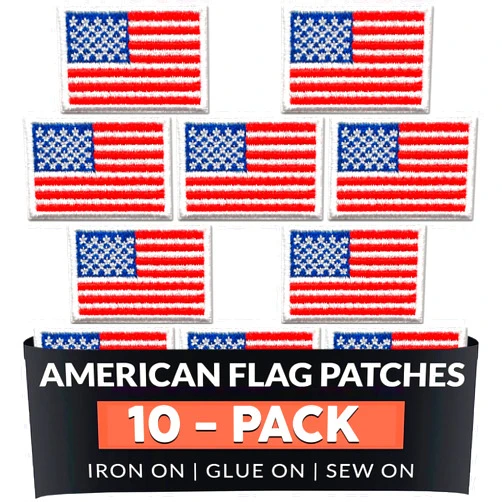 Laughing Lizards Small American Flag Patches (10-Pack) Patriotic Embroidered Iron-On US Flag Patch Appliques, Iron On, Glue On, or Sew On to Uniforms, Hats, Backpacks, Jackets, Pants, & Accessories.
