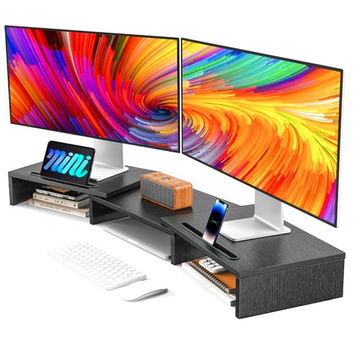 AMERIERGO Dual Monitor Stand Riser for 2 Monitors, Monitor Stand for Desk, Adjustable Computer Monitor Stand with 2 Slot, Multifunctional Desktop Organizer Stand for Laptop, PC, Computer, Printer
