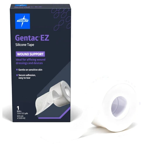 Medline Gentac EZ Silicone Tape, 1” x 5.5 Yards., Easy Tear Medical Tape, Gentle on Sensitive Skin, Keeps Wound Dressings and Devices in Place, Not Made with Natural Rubber Latex, 1 Per Box
