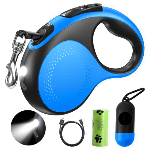 Douexio Retractable Dog Leash with Led Light, Douexio 16ft heavy duty Dog Leash Retractable for Medium large Dogs Up to 110lbs,360° Tangle-Free, One-Button Control, High Strength Hook (Blue, 66-110lbs)