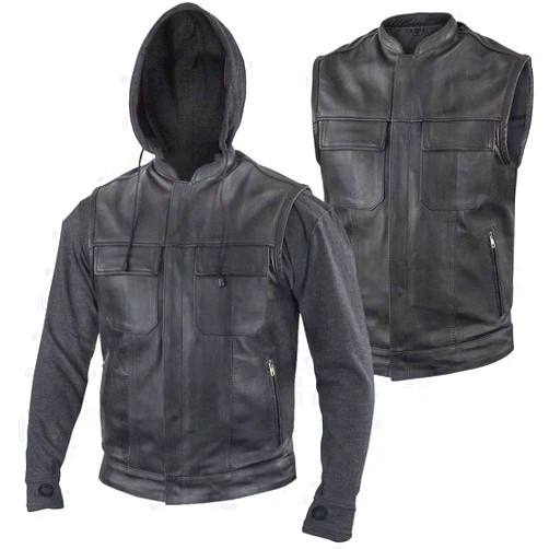 Xelement BXU1006 Men's 'Jax' Black Leather Motorcycle Hoodie Jacket with Convertible Vest - X-Large